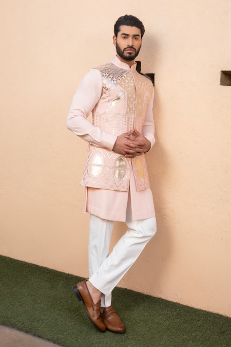 DESIGN O STITCH Pink Soft Suiting Applique Horse Shivery Leather Bundi Kurta Set 