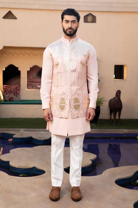 Design O Stitch_Pink Cotton, Satin Applique Leather Bundi Kurta Set For Kids_Online_at_Aza_Fashions