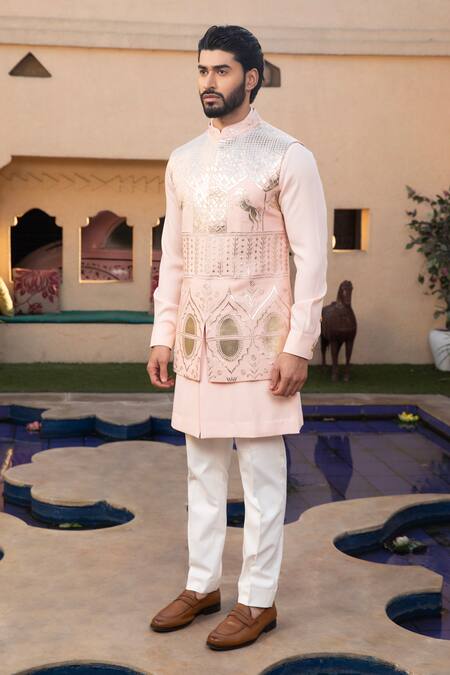 Design O Stitch_Pink Cotton, Satin Applique Leather Bundi Kurta Set For Kids_at_Aza_Fashions