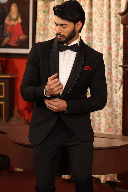 Buy Design O Stitch Black Suede, Wool Nalki Embellished Tuxedo Set For Kids Buy_Design O Stitch_Black Suede, Wool Nalki Embellished Tuxedo Set For Kids