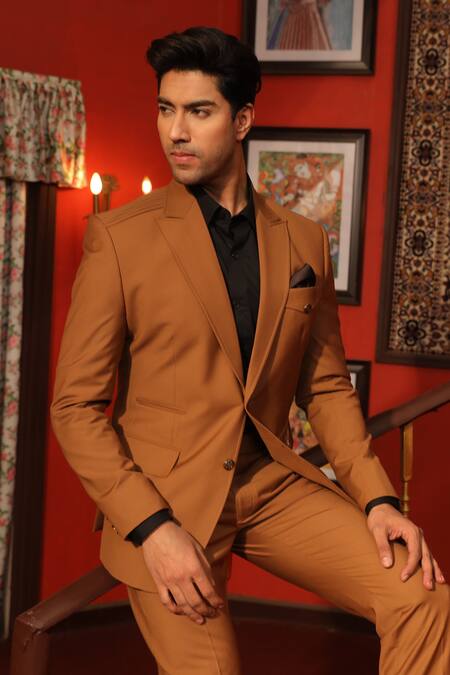 Buy_Design O Stitch_Beige Suede, Satin, Polyester Embroidery Brown Bird Motif Tuxedo Set For Kids_Online_at_Aza_Fashions