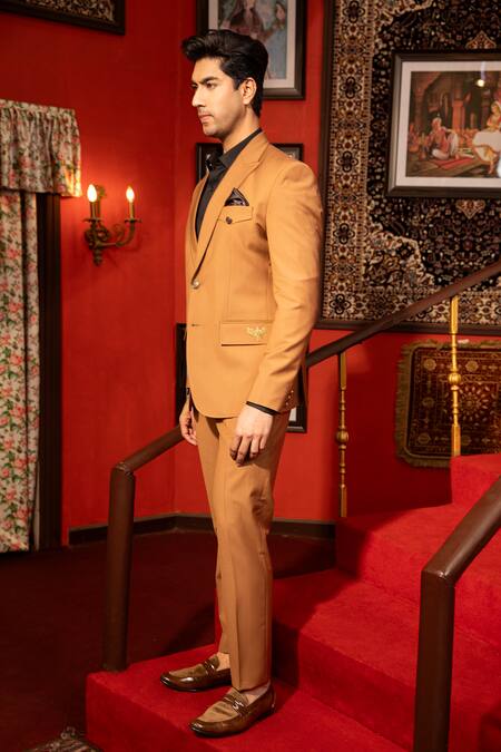 Shop_Design O Stitch_Beige Suede, Satin, Polyester Embroidery Brown Bird Motif Tuxedo Set For Kids_Online_at_Aza_Fashions