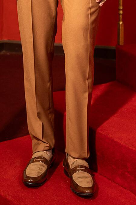 Design O Stitch_Beige Suede, Satin, Polyester Embroidery Brown Bird Motif Tuxedo Set For Kids_at_Aza_Fashions