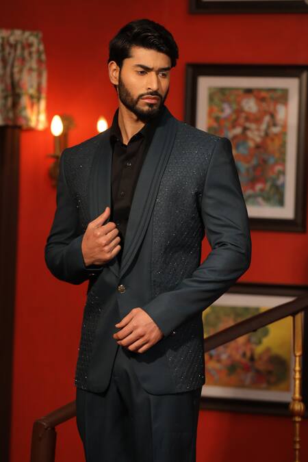 Design O Stitch_Blue Cotton Sequins Laser Cut Applique Tuxedo With Pant _at_Aza_Fashions