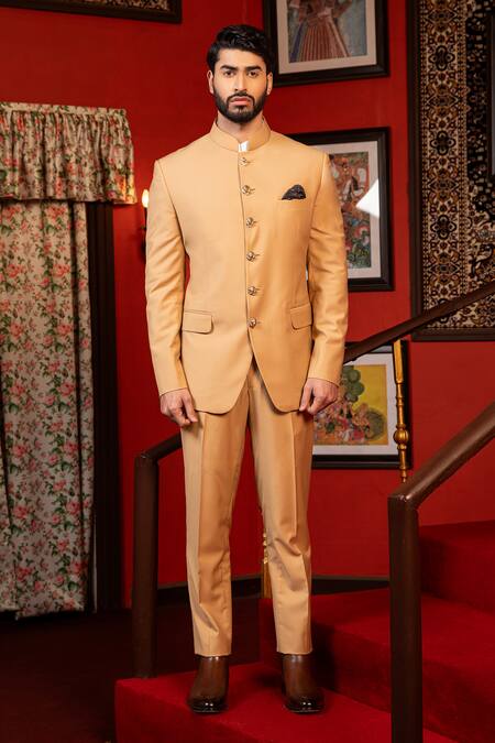 Buy_Design O Stitch_Beige Cotton, Suede Embellished Bandhgala Set For Kids For Kids_Online_at_Aza_Fashions