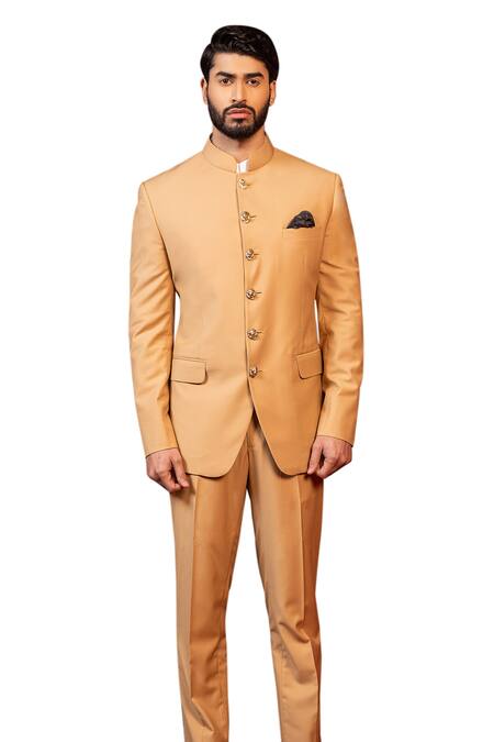 Design O Stitch_Beige Cotton, Suede Embellished Bandhgala Set For Kids For Kids_at_Aza_Fashions