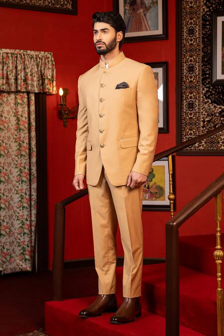 Buy_Design O Stitch_Beige Cotton, Suede Embellished Bandhgala Set For Kids For Kids