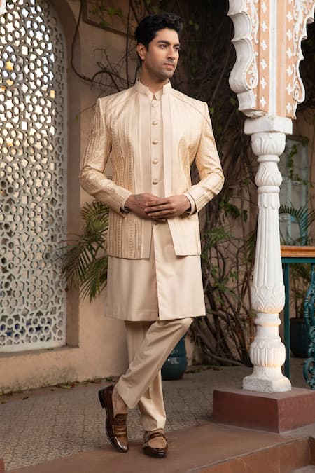 DESIGN O STITCH Beige Silk Embroidered Thread Solid Kurta Set With Jacket 