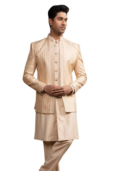 Design O Stitch_Beige Silk Embroidery Solid Kurta Set With Jacket_Online_at_Aza_Fashions