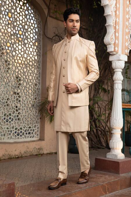 Buy_Design O Stitch_Beige Silk Embroidery Solid Kurta Set With Jacket_Online_at_Aza_Fashions