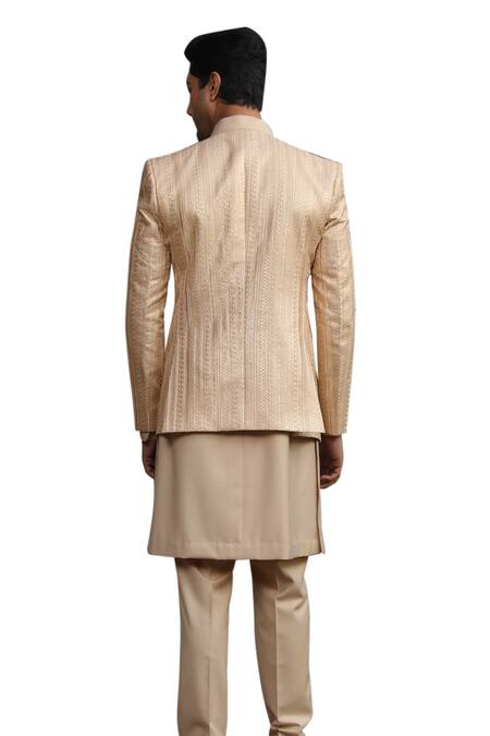 Design O Stitch_Beige Silk Embroidery Solid Kurta Set With Jacket_at_Aza_Fashions