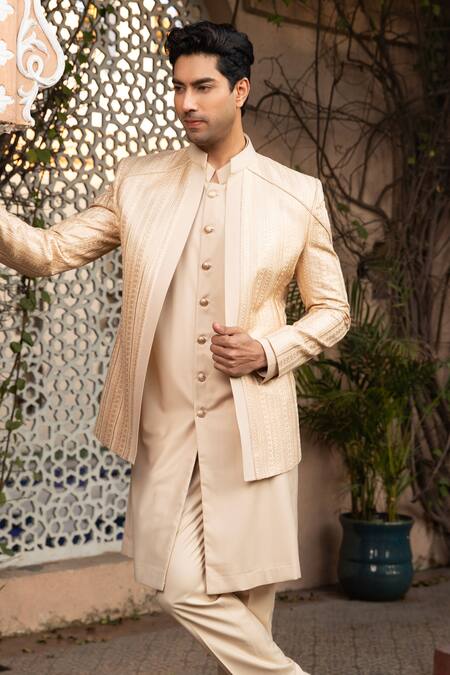 Shop_Design O Stitch_Beige Silk Embroidery Solid Kurta Set With Jacket
