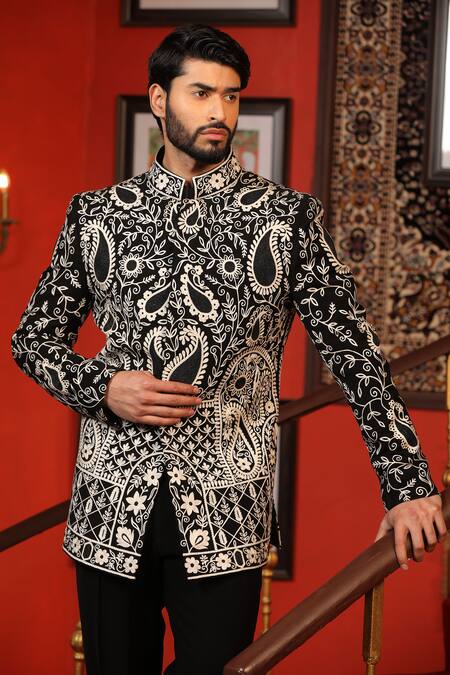 Shop_Design O Stitch_Black Cotton Beads, Embroidery Hand Bandhgala With Pant