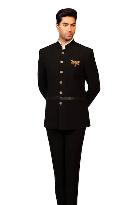 Design O Stitch Black Cotton, Polyester Embroidery Butterfly Motif Bandhgala With Pant Online at Aza Fashions Design O Stitch_Black Cotton, Polyester Embroidery Butterfly Motif Bandhgala With Pant _Online_at_Aza_Fashions