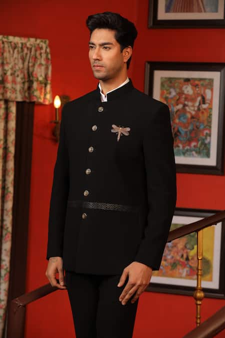 Buy Design O Stitch Black Cotton, Polyester Embroidery Butterfly Motif Bandhgala With Pant Online at Aza Fashions Buy_Design O Stitch_Black Cotton, Polyester Embroidery Butterfly Motif Bandhgala With Pant _Online_at_Aza_Fashions