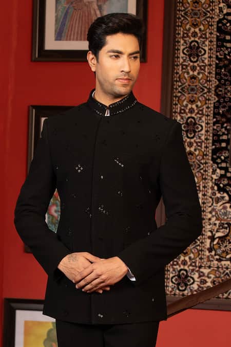 Design O Stitch Black Cotton Cut Work Embroidered Bandhgala With Pant Online at Aza Fashions Design O Stitch_Black Cotton Cut Work Embroidered Bandhgala With Pant _Online_at_Aza_Fashions