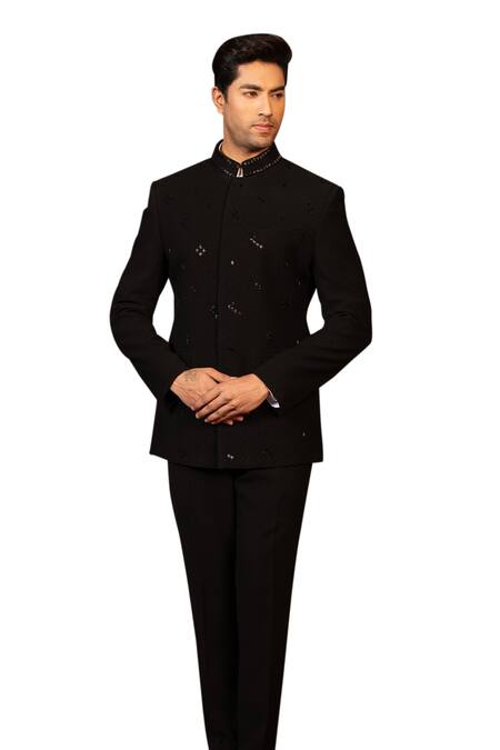 Buy Design O Stitch Black Cotton Cut Work Embroidered Bandhgala With Pant Online at Aza Fashions Buy_Design O Stitch_Black Cotton Cut Work Embroidered Bandhgala With Pant _Online_at_Aza_Fashions