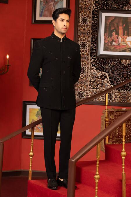 Shop Design O Stitch Black Cotton Cut Work Embroidered Bandhgala With Pant Online at Aza Fashions Shop_Design O Stitch_Black Cotton Cut Work Embroidered Bandhgala With Pant _Online_at_Aza_Fashions