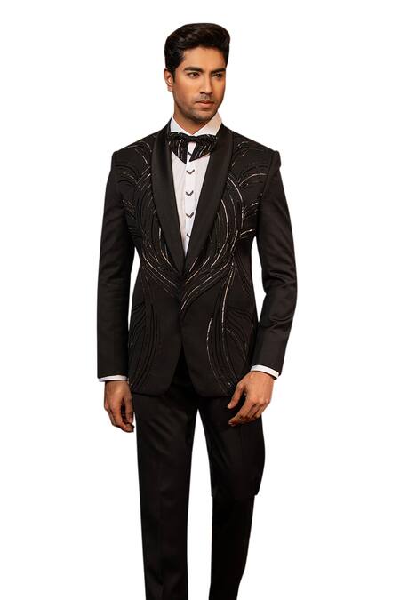 Buy Design O Stitch Black Suede, Wool Cut Work Cutdana Hand Embroidered Tuxedo Jacket With Pant Online at Aza Fashions Buy_Design O Stitch_Black Suede, Wool Cut Work Cutdana Hand Embroidered Tuxedo Jacket With Pant _Online_at_Aza_Fashions