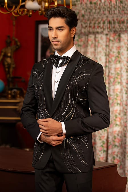 Shop Design O Stitch Black Suede, Wool Cut Work Cutdana Hand Embroidered Tuxedo Jacket With Pant Online at Aza Fashions Shop_Design O Stitch_Black Suede, Wool Cut Work Cutdana Hand Embroidered Tuxedo Jacket With Pant _Online_at_Aza_Fashions