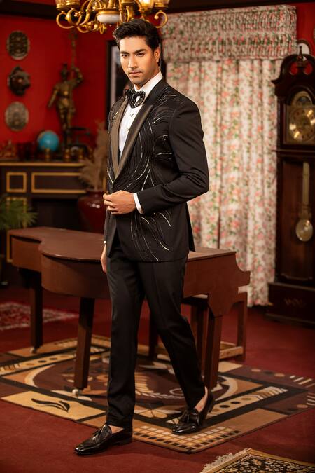 Design O Stitch Black Suede, Wool Cut Work Cutdana Hand Embroidered Tuxedo Jacket With Pant at Aza Fashions Design O Stitch_Black Suede, Wool Cut Work Cutdana Hand Embroidered Tuxedo Jacket With Pant _at_Aza_Fashions