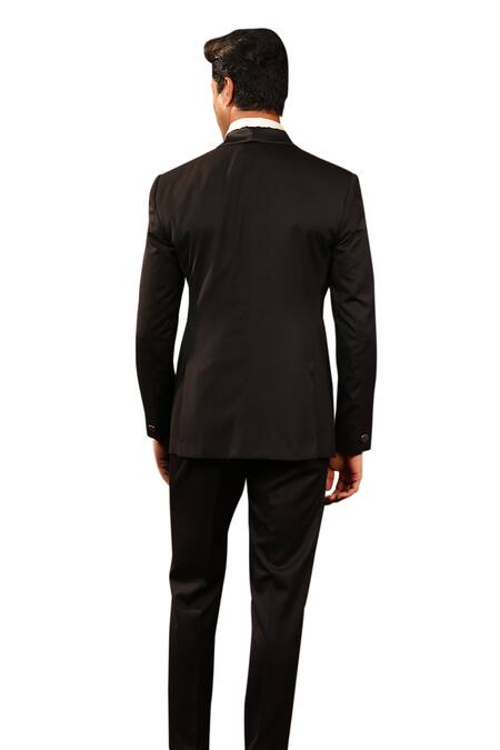 Buy Design O Stitch Black Suede, Wool Cut Work Cutdana Hand Embroidered Tuxedo Jacket With Pant Buy_Design O Stitch_Black Suede, Wool Cut Work Cutdana Hand Embroidered Tuxedo Jacket With Pant