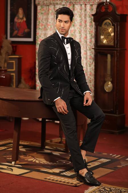 Shop Design O Stitch Black Suede, Wool Cut Work Cutdana Hand Embroidered Tuxedo Jacket With Pant Shop_Design O Stitch_Black Suede, Wool Cut Work Cutdana Hand Embroidered Tuxedo Jacket With Pant