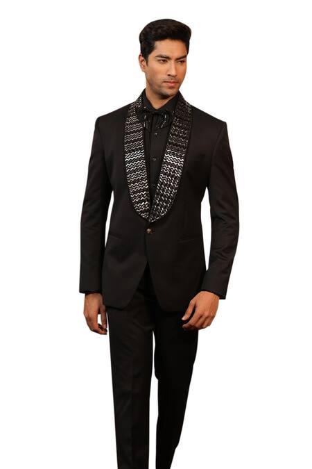 Buy_Design O Stitch_Black Suede, Wool Sequins Embroidered Tuxedo Jacket With Pant _Online_at_Aza_Fashions