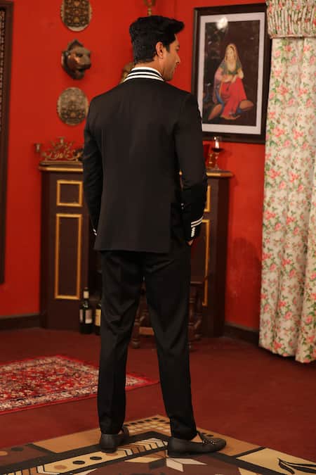 Shop Design O Stitch Black Cotton, Satin Embroidery Stripe Print Blazer With Pant at Aza Fashions Shop_Design O Stitch_Black Cotton, Satin Embroidery Stripe Print Blazer With Pant _at_Aza_Fashions