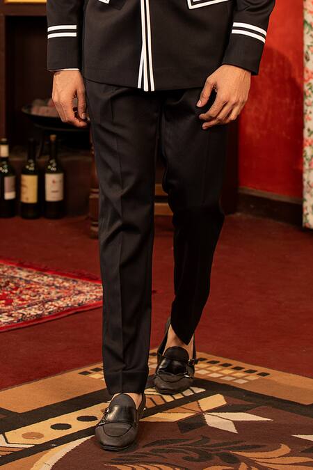 Design O Stitch Black Cotton, Satin Embroidery Stripe Print Blazer With Pant Online at Aza Fashions Design O Stitch_Black Cotton, Satin Embroidery Stripe Print Blazer With Pant _Online_at_Aza_Fashions