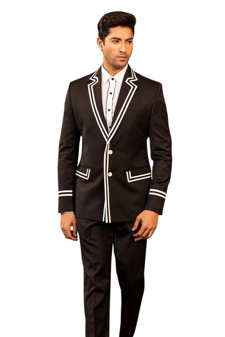 Buy Design O Stitch Black Cotton, Satin Embroidery Stripe Print Blazer With Pant Online at Aza Fashions Buy_Design O Stitch_Black Cotton, Satin Embroidery Stripe Print Blazer With Pant _Online_at_Aza_Fashions