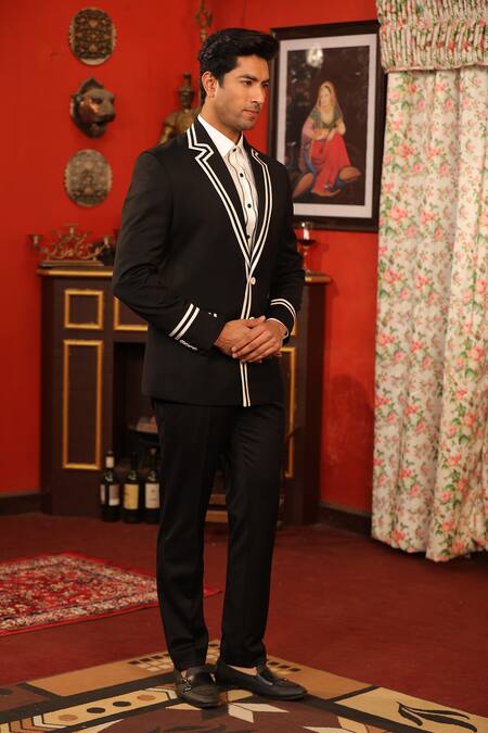 Design O Stitch Black Cotton, Satin Embroidery Stripe Print Blazer With Pant at Aza Fashions Design O Stitch_Black Cotton, Satin Embroidery Stripe Print Blazer With Pant _at_Aza_Fashions
