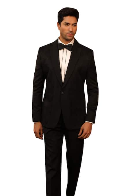 Buy_Design O Stitch_Black Satin, Wool Dual Textured Tuxedo Jacket With Pant_Online_at_Aza_Fashions