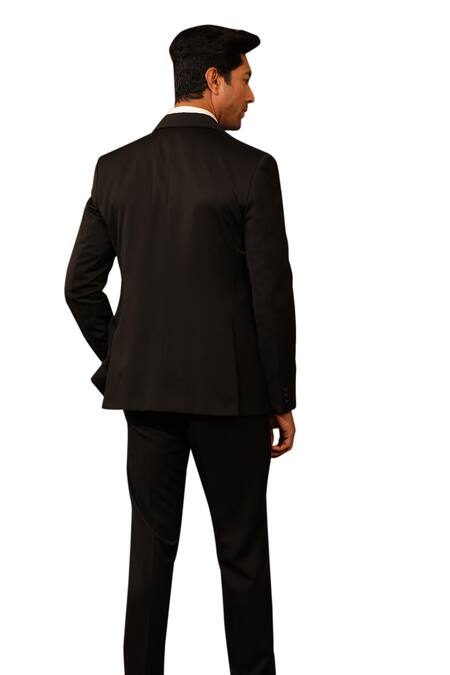 Design O Stitch_Black Satin, Wool Dual Textured Tuxedo Jacket With Pant_at_Aza_Fashions
