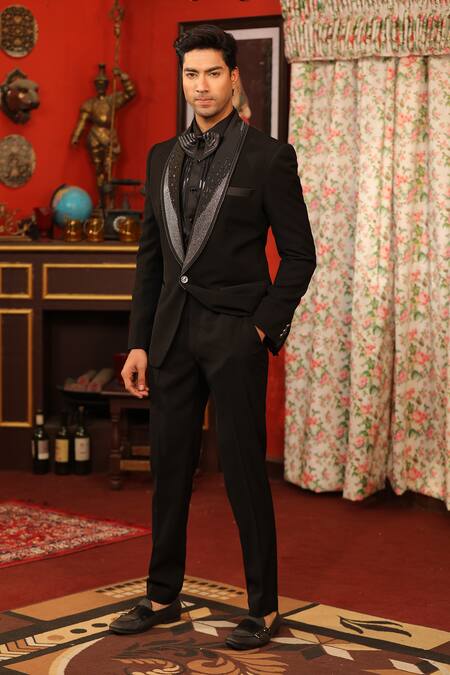 Buy Design O Stitch Black Satin, Wool Beads Hand Embroidered Tuxedo Jacket With Pant Online at Aza Fashions Buy_Design O Stitch_Black Satin, Wool Beads Hand Embroidered Tuxedo Jacket With Pant _Online_at_Aza_Fashions