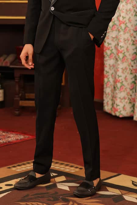 Shop Design O Stitch Black Satin, Wool Beads Hand Embroidered Tuxedo Jacket With Pant Online at Aza Fashions Shop_Design O Stitch_Black Satin, Wool Beads Hand Embroidered Tuxedo Jacket With Pant _Online_at_Aza_Fashions