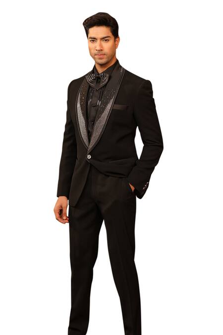 Design O Stitch Black Satin, Wool Beads Hand Embroidered Tuxedo Jacket With Pant at Aza Fashions Design O Stitch_Black Satin, Wool Beads Hand Embroidered Tuxedo Jacket With Pant _at_Aza_Fashions