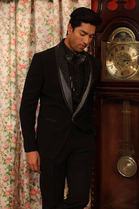 Buy Design O Stitch Black Satin, Wool Beads Hand Embroidered Tuxedo Jacket With Pant Buy_Design O Stitch_Black Satin, Wool Beads Hand Embroidered Tuxedo Jacket With Pant