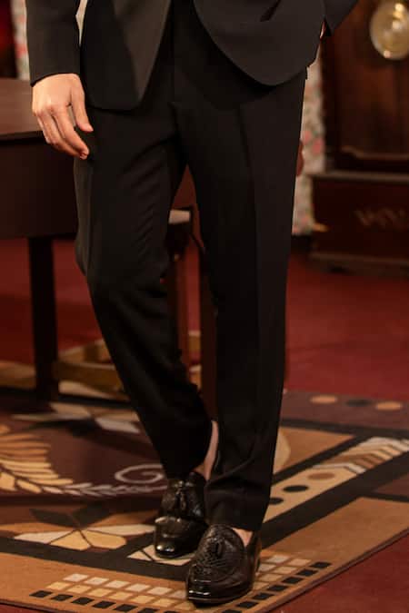 Buy Design O Stitch Black Wool Cut Work Placement Embroidered Tuxedo Jacket With Pant Online at Aza Fashions Buy_Design O Stitch_Black Wool Cut Work Placement Embroidered Tuxedo Jacket With Pant _Online_at_Aza_Fashions