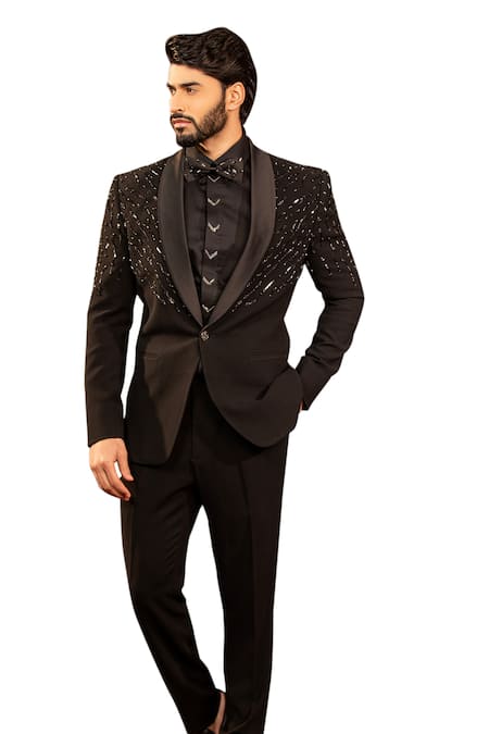Shop Design O Stitch Black Wool Cut Work Placement Embroidered Tuxedo Jacket With Pant Online at Aza Fashions Shop_Design O Stitch_Black Wool Cut Work Placement Embroidered Tuxedo Jacket With Pant _Online_at_Aza_Fashions