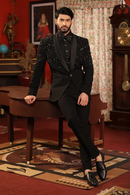 Design O Stitch_Black Wool Cut Work Placement Embroidered Tuxedo Jacket With Pant _at_Aza_Fashions
