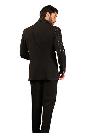 Design O Stitch Black Wool Cut Work Placement Embroidered Tuxedo Jacket With Pant  9