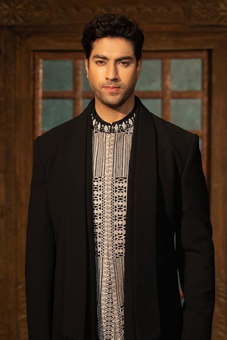 Shop Design O Stitch Black Cotton Embroidery Solid Kurta Set With Jawahar Jacket Online at Aza Fashions Shop_Design O Stitch_Black Cotton Embroidery Solid Kurta Set With Jawahar Jacket _Online_at_Aza_Fashions