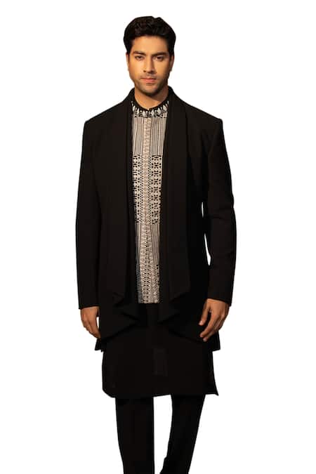 Design O Stitch Black Cotton Embroidery Solid Kurta Set With Jawahar Jacket at Aza Fashions Design O Stitch_Black Cotton Embroidery Solid Kurta Set With Jawahar Jacket _at_Aza_Fashions