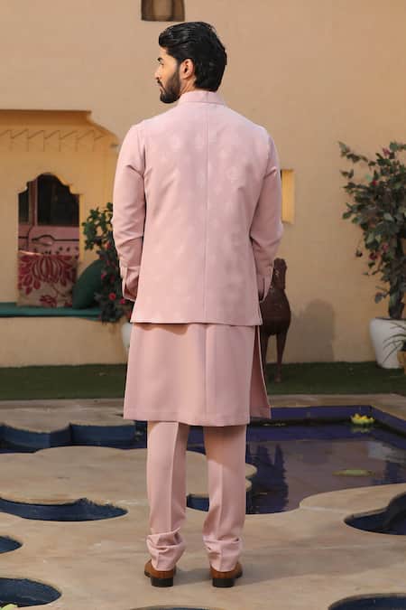 Shop Design O Stitch Pink Suede Embroidery Pintuck Kurta Set With Textured Bundi at Aza Fashions Shop_Design O Stitch_Pink Suede Embroidery Pintuck Kurta Set With Textured Bundi _at_Aza_Fashions
