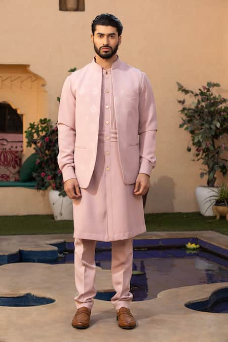 Design O Stitch Pink Suede Embroidery Pintuck Kurta Set With Textured Bundi Online at Aza Fashions Design O Stitch_Pink Suede Embroidery Pintuck Kurta Set With Textured Bundi _Online_at_Aza_Fashions