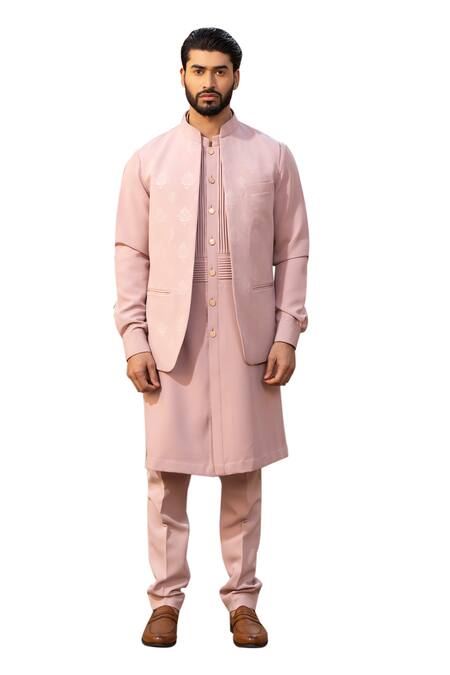 Shop Design O Stitch Pink Suede Embroidery Pintuck Kurta Set With Textured Bundi Online at Aza Fashions Shop_Design O Stitch_Pink Suede Embroidery Pintuck Kurta Set With Textured Bundi _Online_at_Aza_Fashions