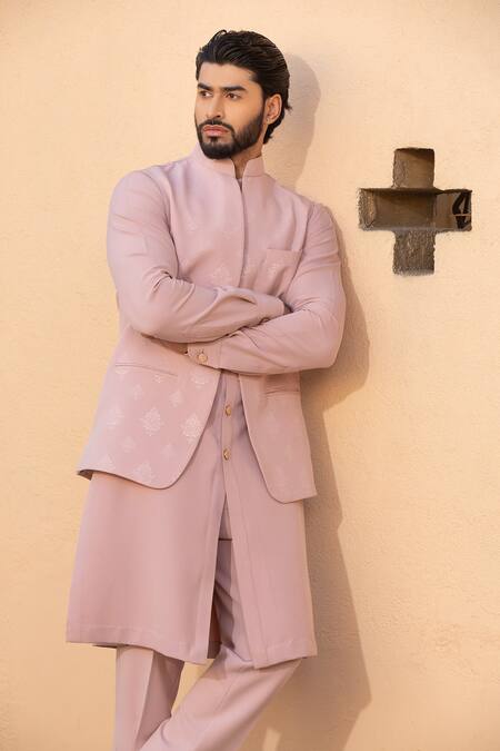 Design O Stitch Pink Suede Embroidery Pintuck Kurta Set With Textured Bundi at Aza Fashions Design O Stitch_Pink Suede Embroidery Pintuck Kurta Set With Textured Bundi _at_Aza_Fashions