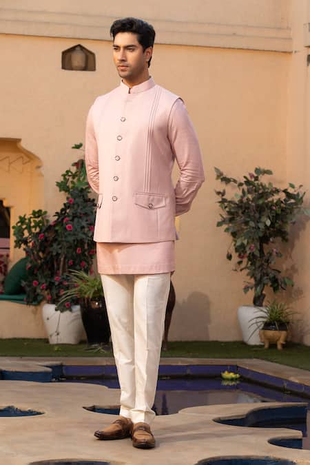 Design O Stitch Pink Cotton, Silk Solid Short Kurta Set With Pintuck Bundi Online at Aza Fashions Design O Stitch_Pink Cotton, Silk Solid Short Kurta Set With Pintuck Bundi _Online_at_Aza_Fashions