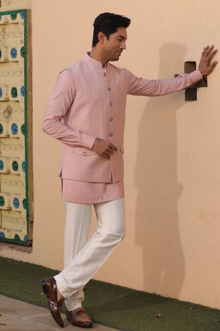 Buy Design O Stitch Pink Cotton, Silk Solid Short Kurta Set With Pintuck Bundi Buy_Design O Stitch_Pink Cotton, Silk Solid Short Kurta Set With Pintuck Bundi